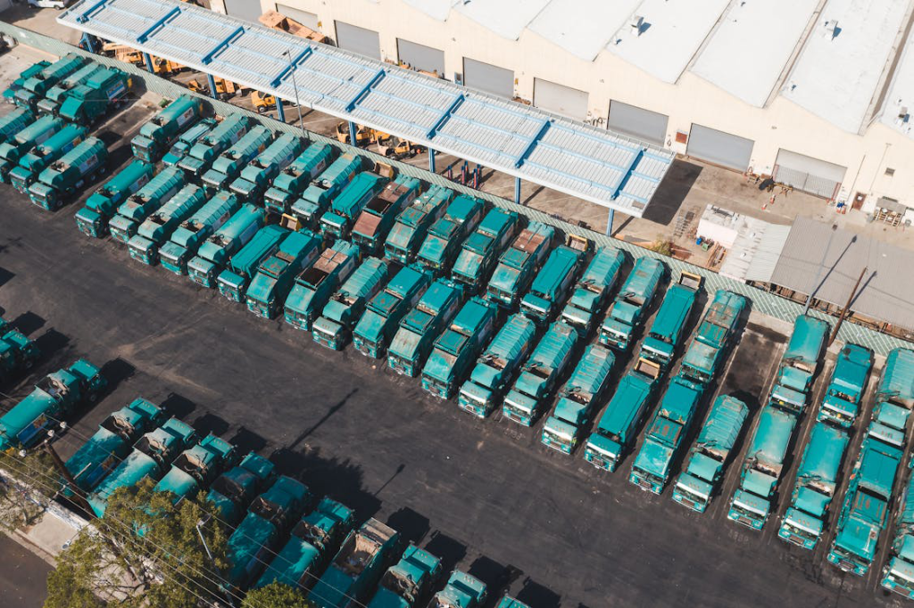 aerial view of blue trucks